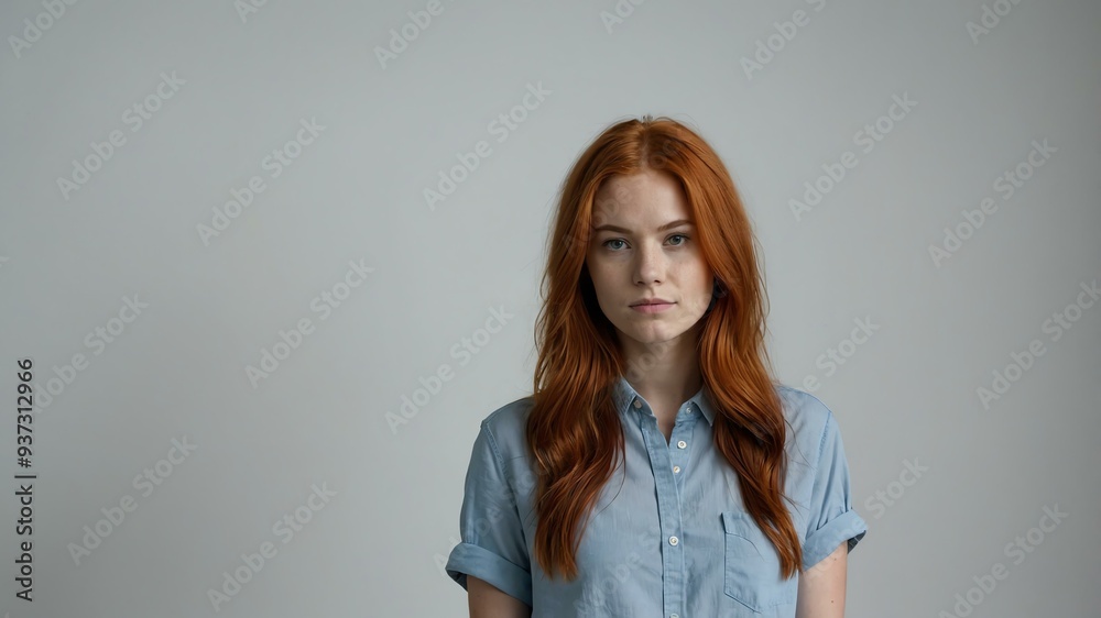 Fototapeta premium teen stunning red hair white woman with blue shirt model portrait standing straight on a plain white background for ad concept space for text