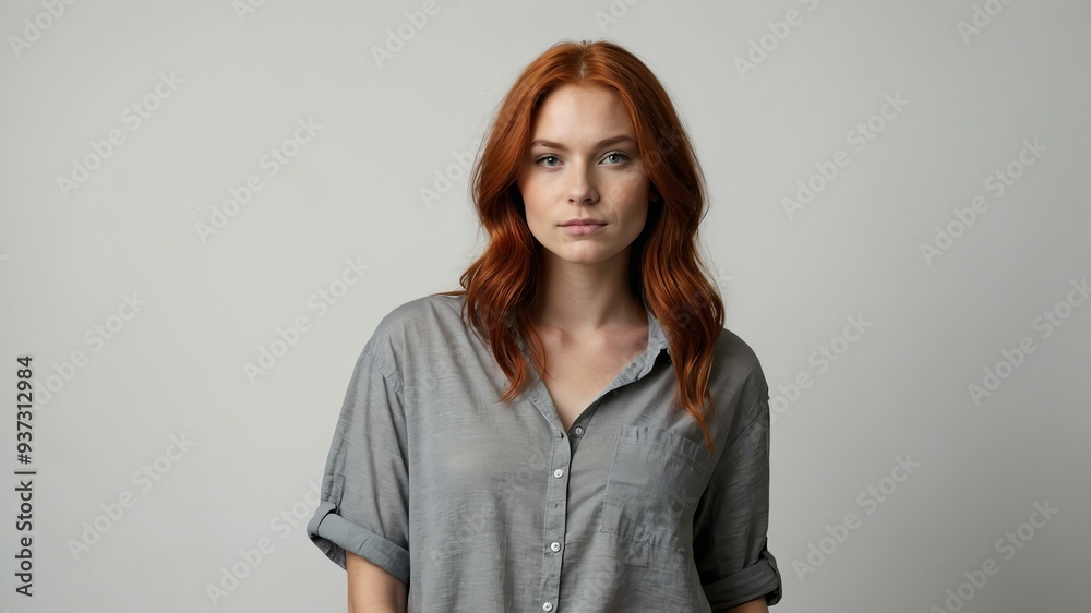 Obraz premium teen stunning red hair white woman with gray shirt model portrait standing straight on a plain white background for ad concept space for text