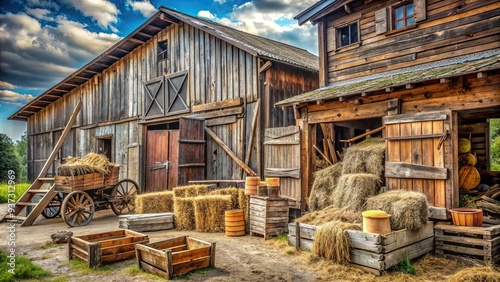 Rustic rural farm warehouse with old wooden crates, hay bales, and farm tools scattered around, surrounded by worn wooden walls and rusty metal roofing.