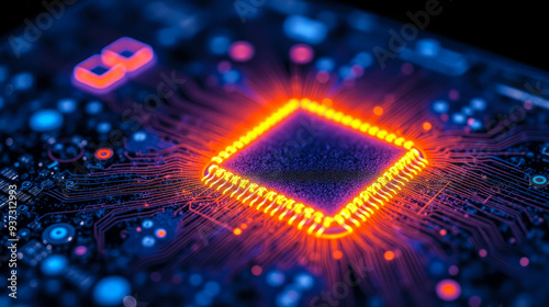 The image reveals a close-up of a microprocessor glowing with vibrant colors, set against a dark backdrop that highlights the intricate network of circuits and connections