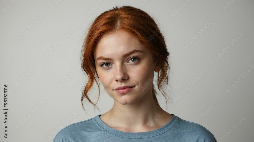 Fototapeta premium teen stunning red hair white woman with gray shirt model portrait standing straight on a plain white background for ad concept space for text