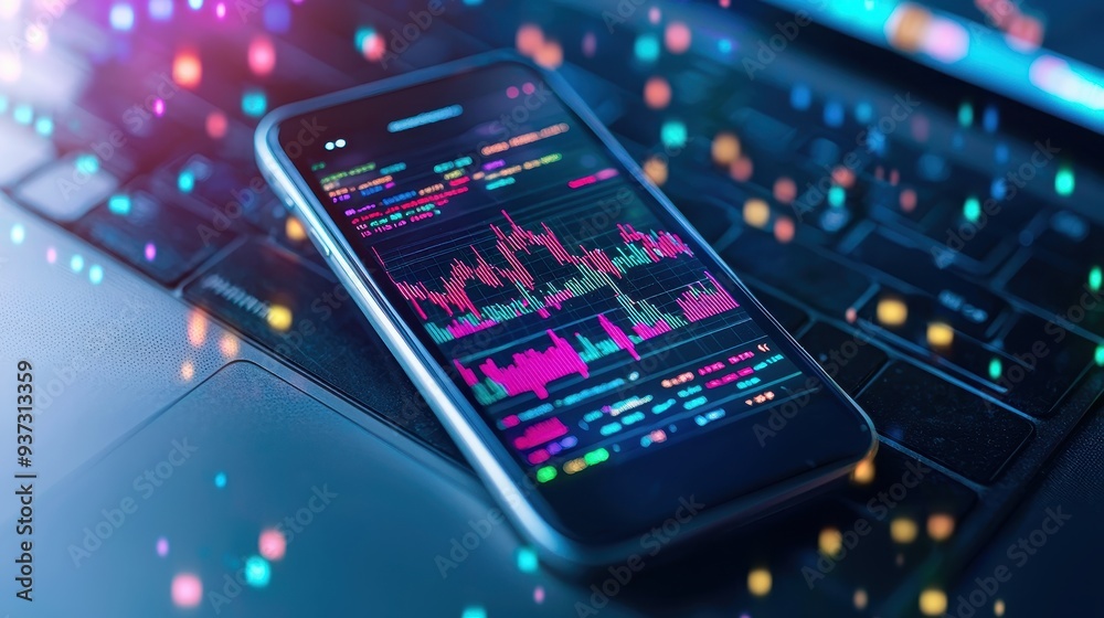Stock Market Data on Smartphone with Laptop Keyboard in the Background Stock Market Data on Smartphone with Laptop Keyboard in the Background