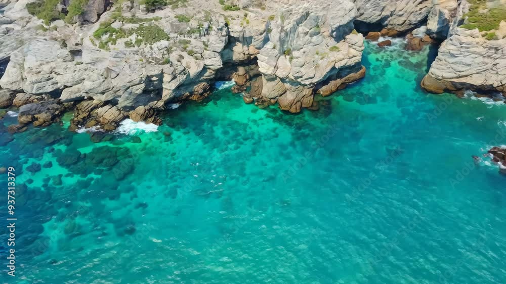 A stunning aerial view of a rocky coastline surrounded by crystal-clear turquoise waters, capturing the beauty of nature's untouched landscapes.