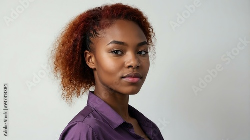teen stunning red hair subsaharan african woman with purple shirt model portrait standing straight on a plain white background for ad concept space for text