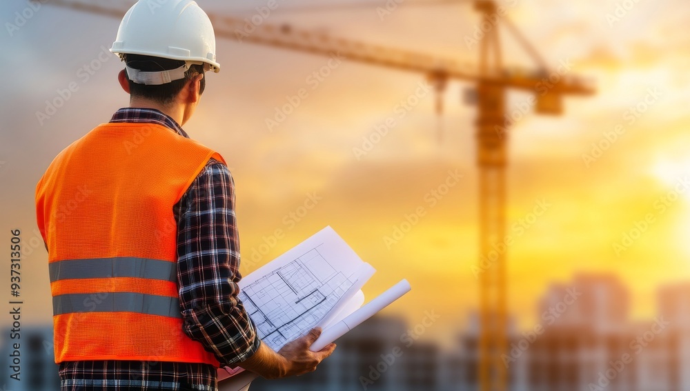 A construction worker in an orange vest and white helmet is holding blueprints on the site A construction worker in an orange vest and white helmet is holding blueprints on the site