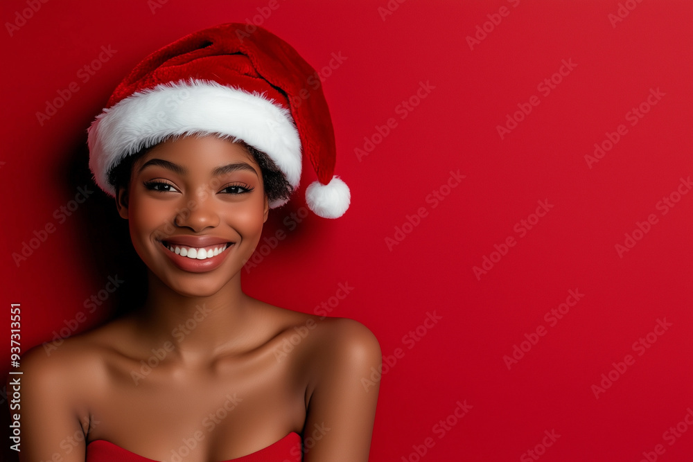 woman with curly hair is wearing a red hat and smiling. The image has a festive and joyful mood, as it is a Christmas-themed photo woman with curly hair is wearing a red hat and smiling. The image has a festive and joyful mood, as it is a Christmas-themed photo