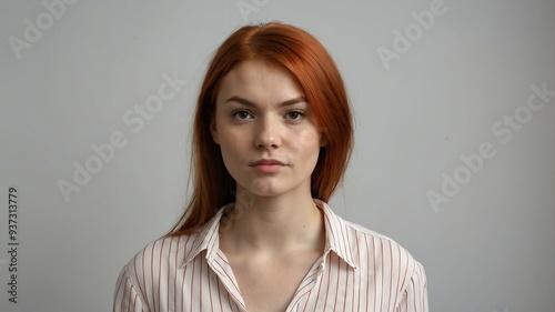 teen stunning red hair finno-ugric woman with red shirt model portrait standing straight on a plain white background for ad concept space for text photo