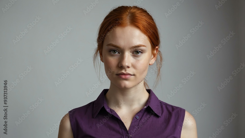 Fototapeta premium teen stunning red hair finno-ugric woman with purple shirt model portrait standing straight on a plain white background for ad concept space for text