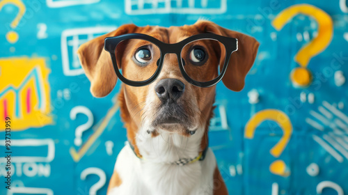 Curious and perplexed dog has a lot of questions, confused dog student, study learning education concept.