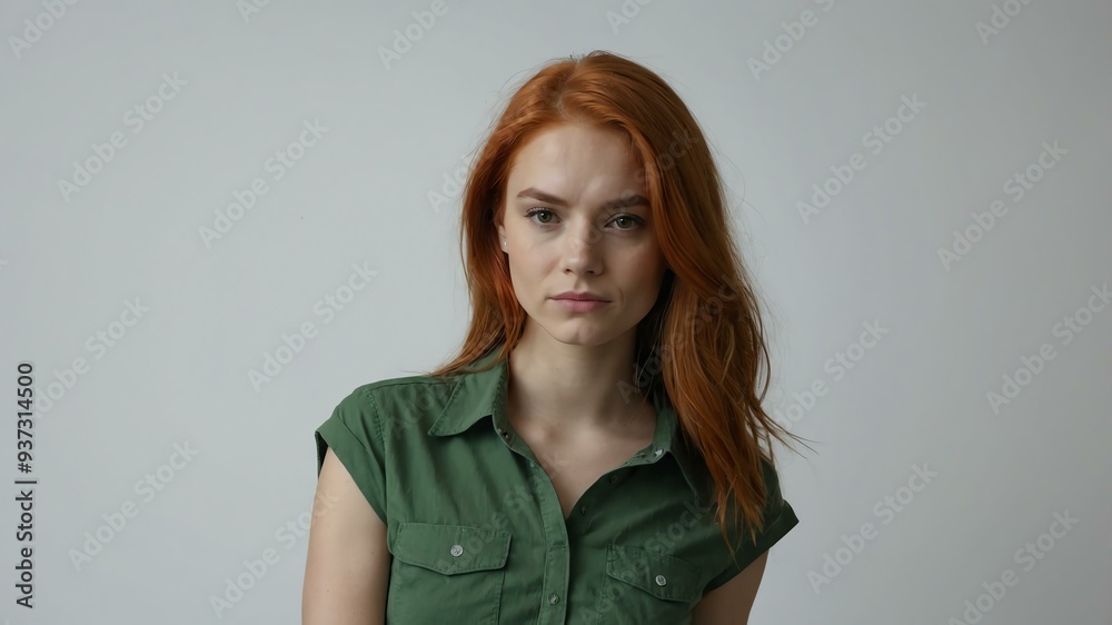 Fototapeta premium teen stunning red hair european woman with green shirt model portrait standing straight on a plain white background for ad concept space for text
