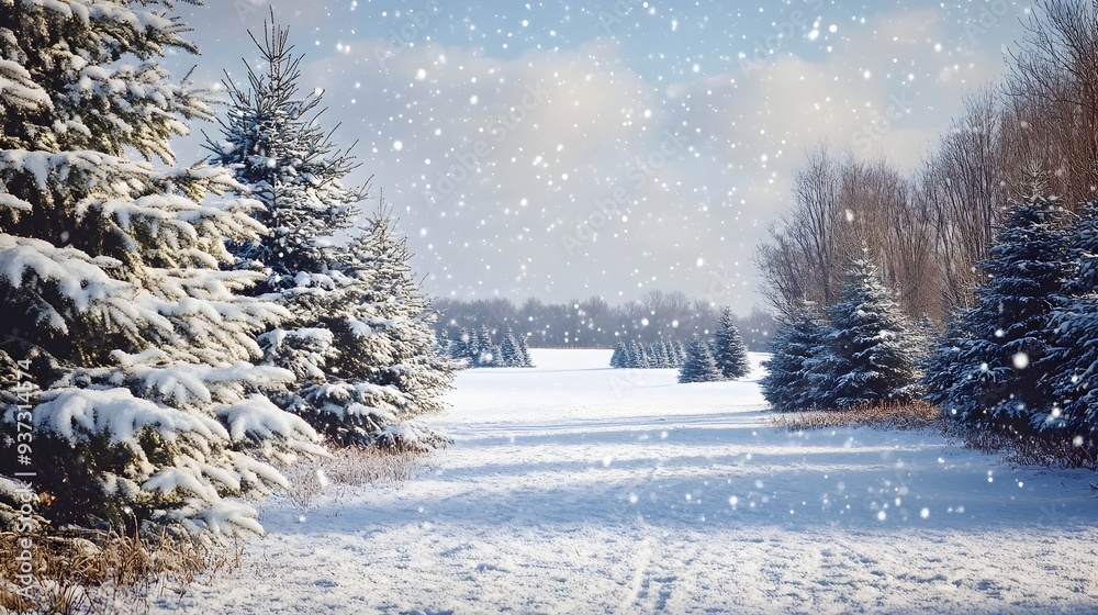Fototapeta premium Picturesque snowy winter landscape with a Christmas tree farm in the distant forest Serene and tranquil scene perfect for seasonal holiday greetings cards and other festive imagery