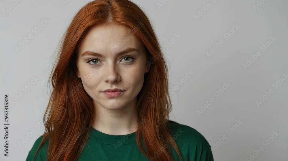 Fototapeta premium teen stunning red hair caucasian woman with green shirt model portrait standing straight on a plain white background for ad concept space for text