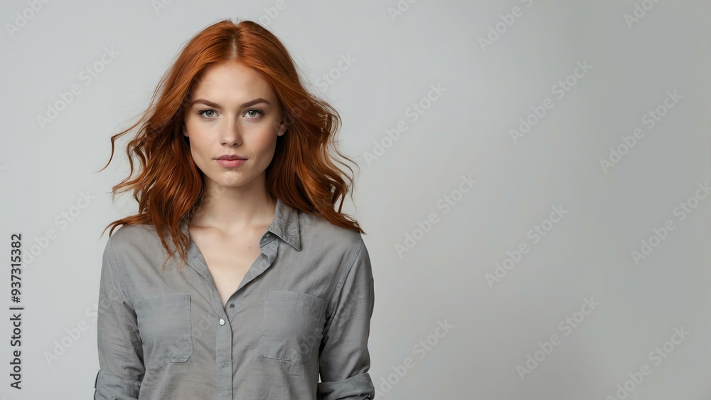 Obraz premium teen stunning red hair caucasian woman with gray shirt model portrait standing straight on a plain white background for ad concept space for text