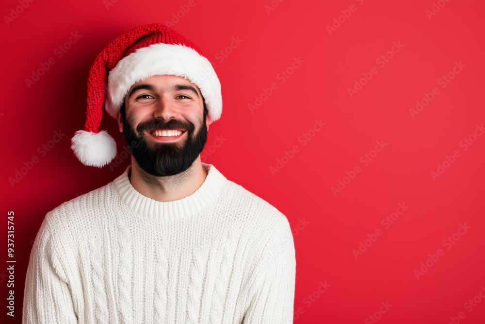 man wearing a red Santa hat and a white sweater is smiling. He is standing in front of a red wall man wearing a red Santa hat and a white sweater is smiling. He is standing in front of a red wall