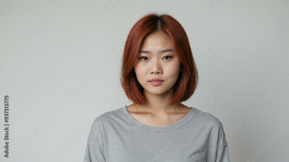 Obraz premium teen stunning red hair asian woman with gray shirt model portrait standing straight on a plain white background for ad concept space for text
