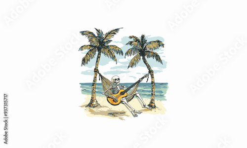 skeleton is relaxing on a swing on the beach vector flat design
