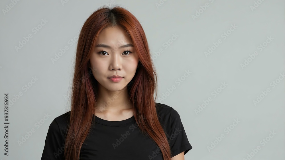Fototapeta premium teen stunning red hair asian woman with black shirt model portrait standing straight on a plain white background for ad concept space for text