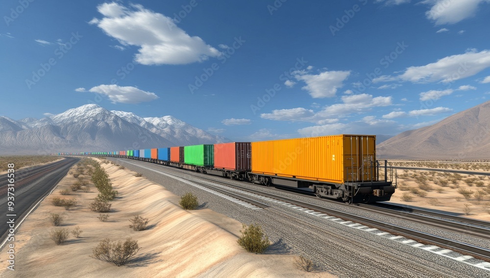 A freight train with colorful containers is driving through the desert, with mountains in the background A freight train with colorful containers is driving through the desert, with mountains in the background