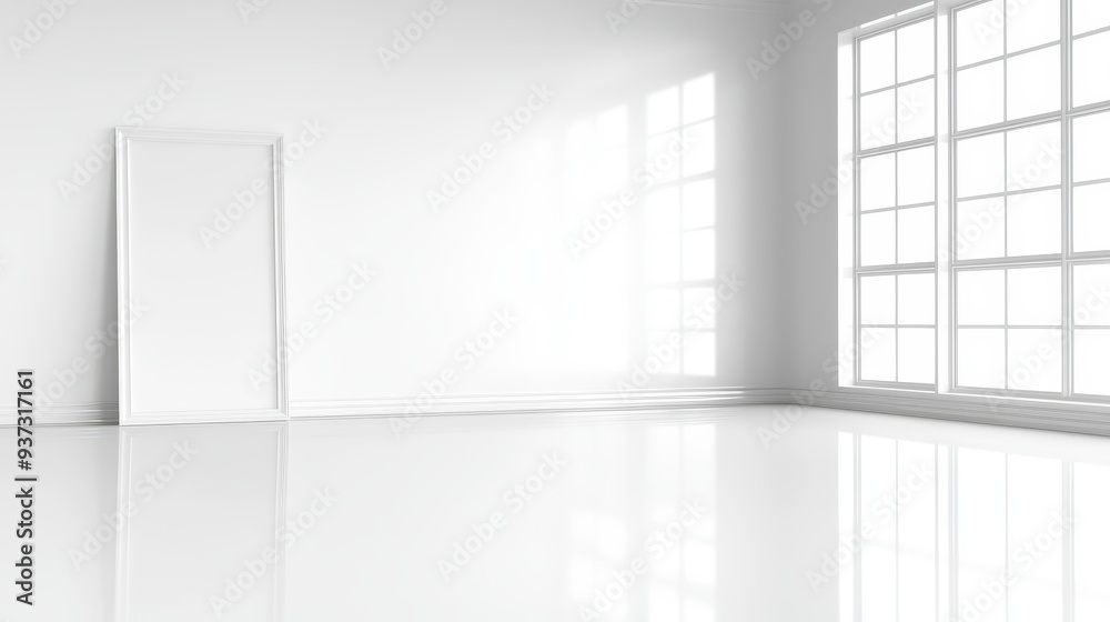 White Room Interior with Large Window and Door Frame White Room Interior with Large Window and Door Frame