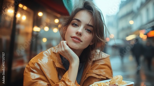 Happy female tourist at city looking at camera