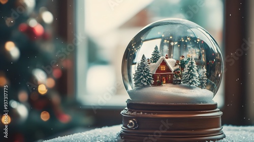 Cozy Christmas Scene Captured Inside a Serene Snow Globe with Ample Space for Overlaying Text or Creative Design photo