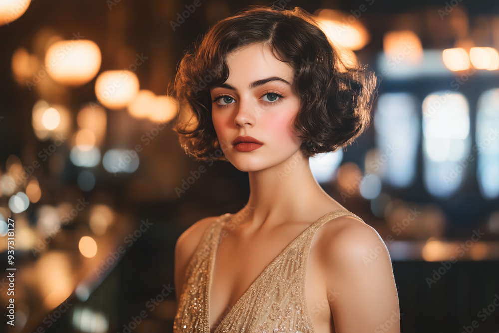 A poised woman with short, wavy hair wearing a glamorous vintage dress stands in a softly lit setting A poised woman with short, wavy hair wearing a glamorous vintage dress stands in a softly lit setting