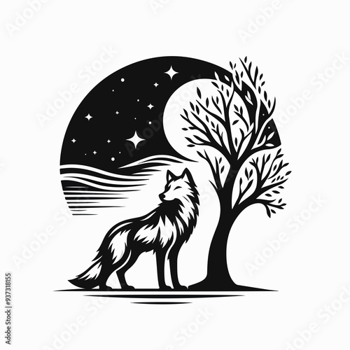 A wolf gazes upwards at a star-filled sky, accompanied by a silhouetted tree photo