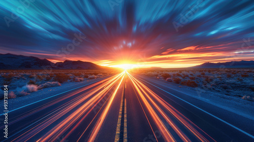 road in the Arizona desert. sunset. blue tones. high speed photography. 