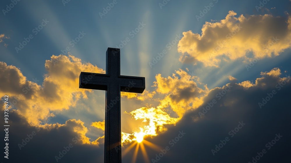 Sunrise with radiant light illuminating a cross, warm sky, spiritual and peaceful atmosphere Sunrise with radiant light illuminating a cross, warm sky, spiritual and peaceful atmosphere