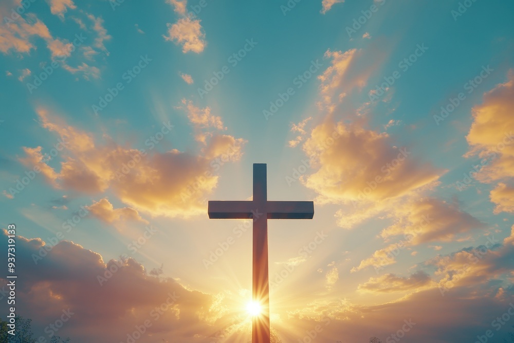 Sunrise with radiant light illuminating a cross, warm sky, spiritual and peaceful atmosphere Sunrise with radiant light illuminating a cross, warm sky, spiritual and peaceful atmosphere