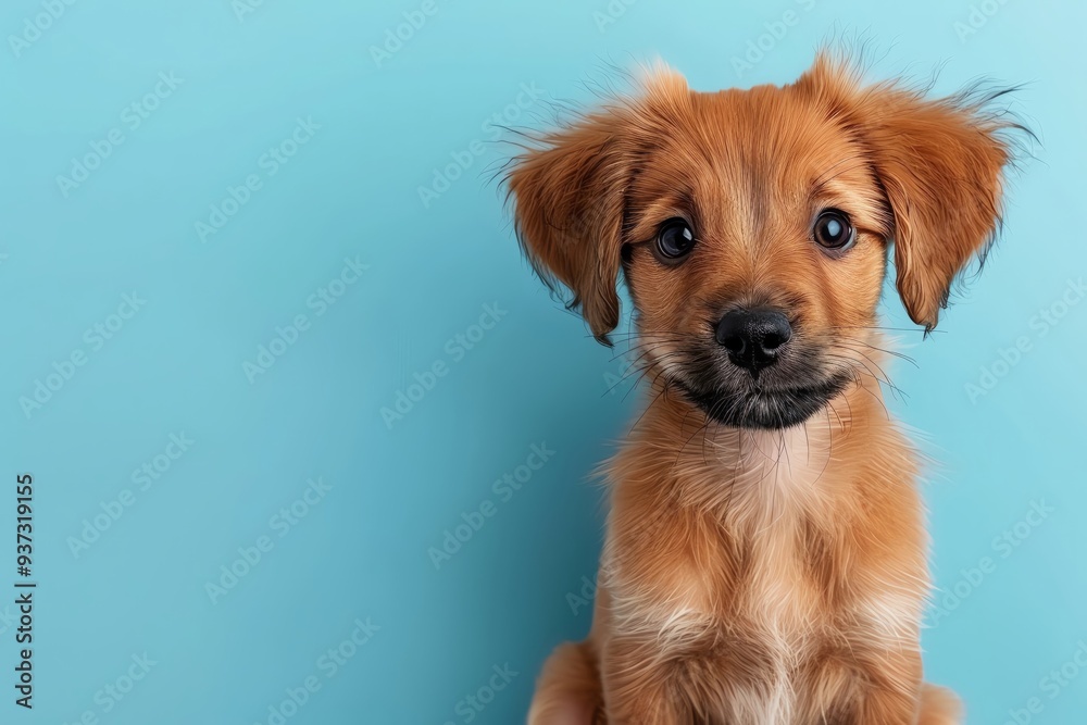 Cute brown puppy with big eyes against a blue background, perfect for pet lovers and animal photography. Cute brown puppy with big eyes against a blue background, perfect for pet lovers and animal photography.