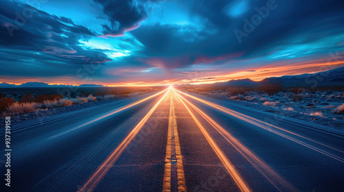 road in the Arizona desert. sunset. blue tones. high speed photography. 