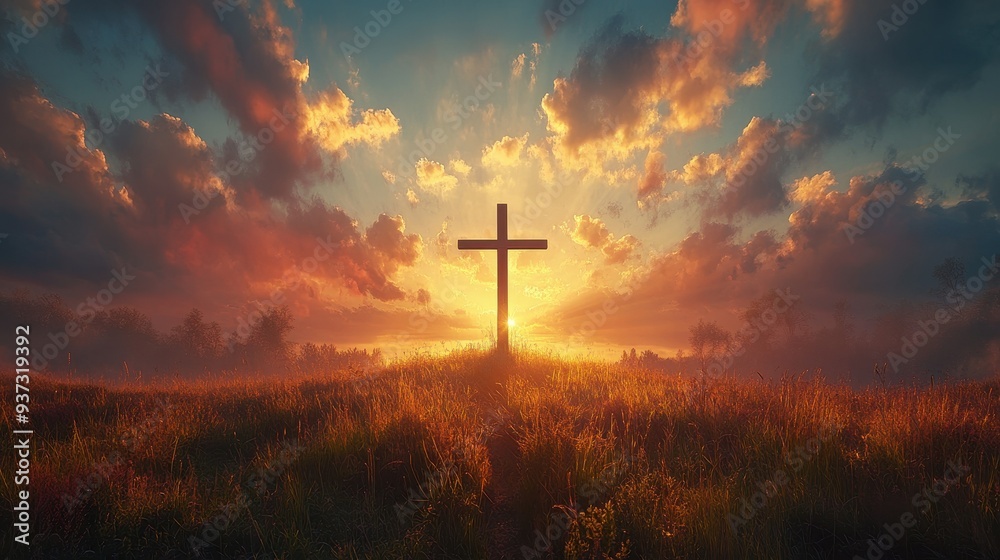 Fototapeta premium Sunrise with radiant light illuminating a cross, warm sky, spiritual and peaceful atmosphere