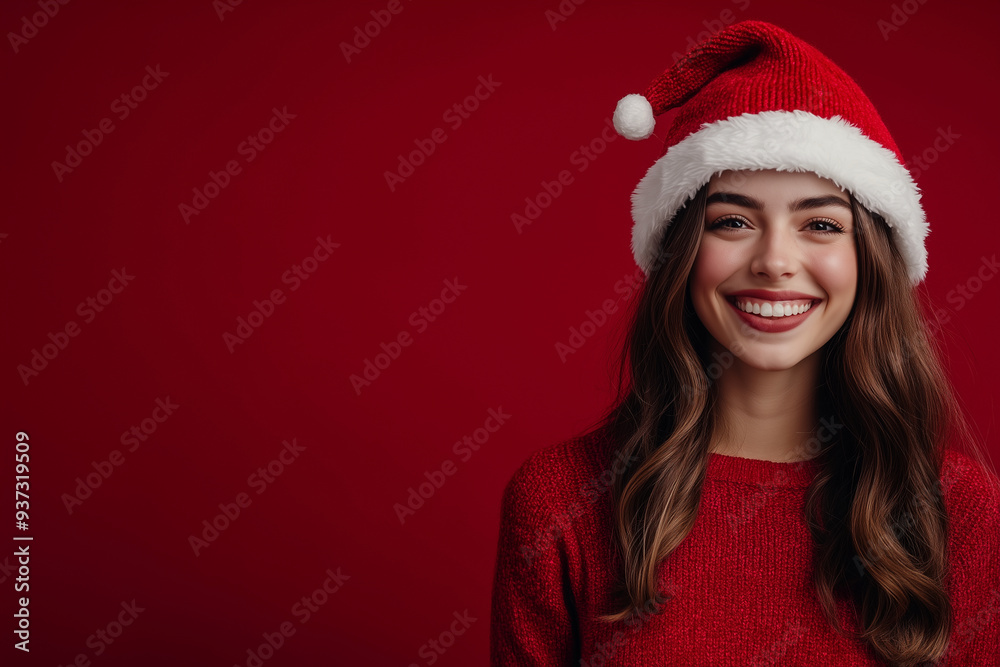 woman wearing a red sweater and a red Santa hat with a white pom pom on top of it