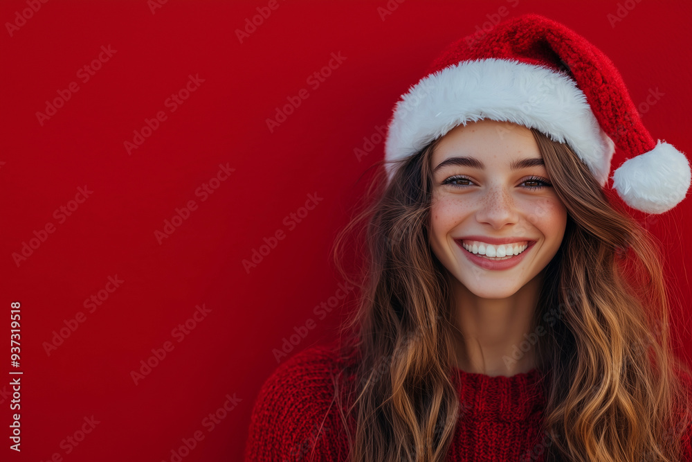 woman wearing a red sweater and a red Santa hat with a white pom pom on top of it woman wearing a red sweater and a red Santa hat with a white pom pom on top of it