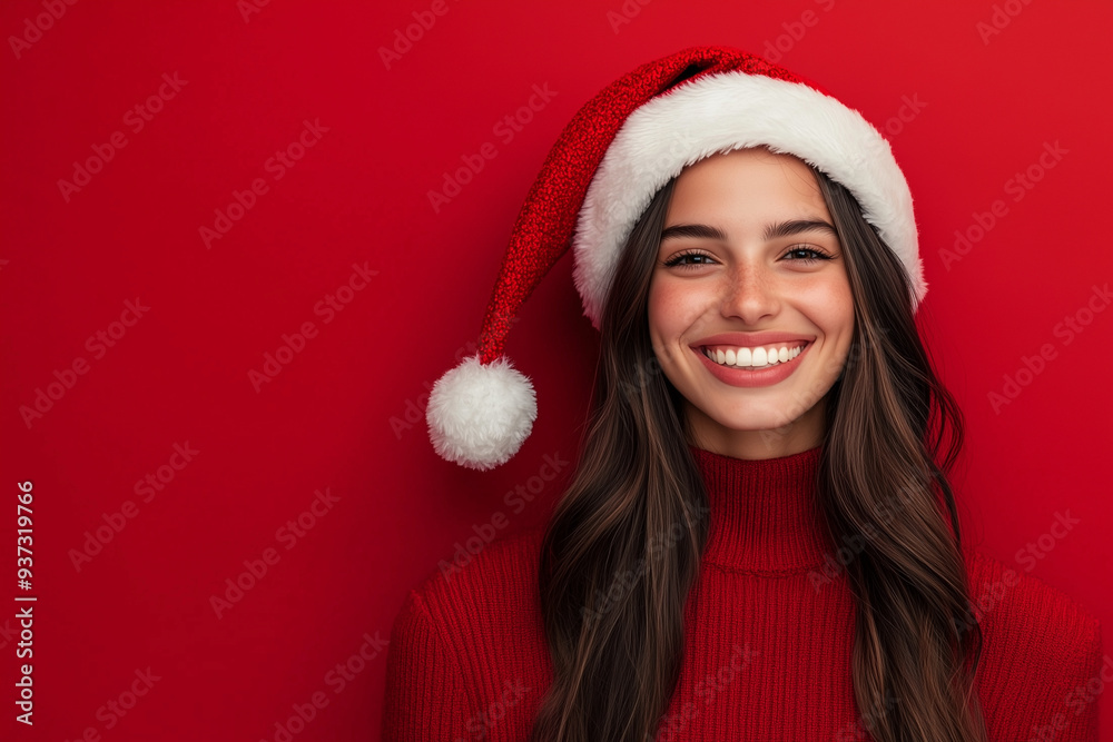 woman wearing a red sweater and a red Santa hat with a white pom pom on top of it woman wearing a red sweater and a red Santa hat with a white pom pom on top of it