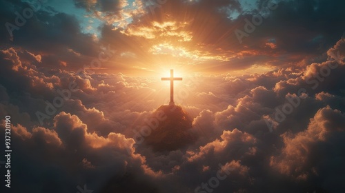 Divine sunrise illuminating a cross, golden sky, spiritual and serene atmosphere