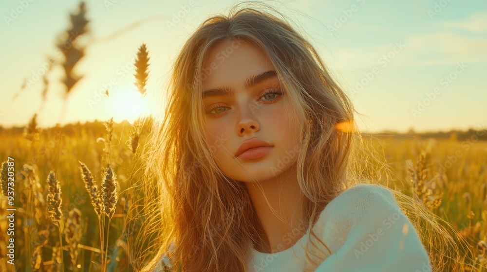 Woman with long blonde hair in a wheat field at sunset