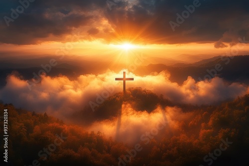 Divine sunrise illuminating a cross, golden sky, spiritual and serene atmosphere