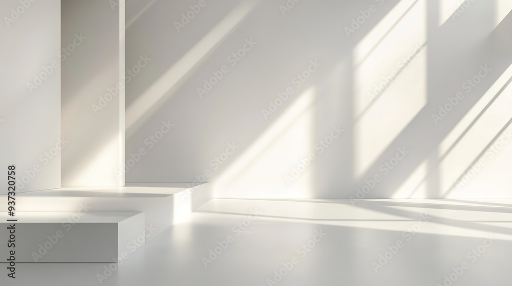 Minimalist white background with abstract geometric designs and subtle light effects