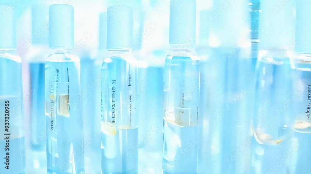 Translucent Blue Bottles in a Gradient Lit Background with Clinical Ambiance