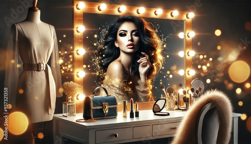 A highly realistic and high-quality double exposure image of a star's dressing room, featuring a model, a lighted dressing table and a blend of makeup elements.