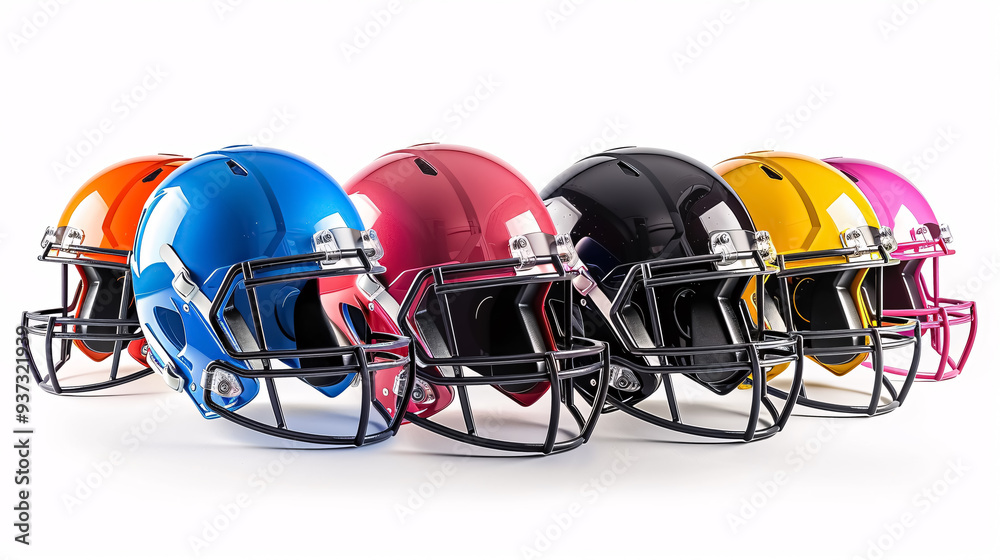 Football helmets side view in multiple colors isolated on white. Football helmets side view in multiple colors isolated on white.