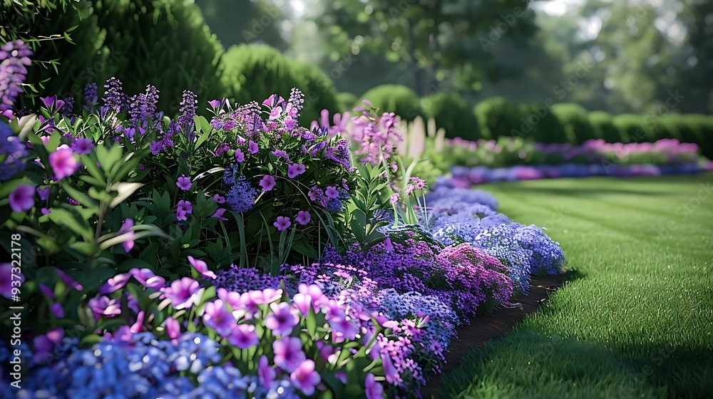 Obraz premium A vibrant garden scene featuring colorful flowers and lush greenery.