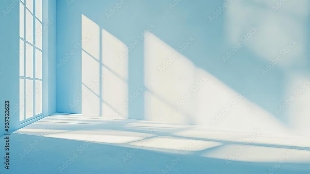 Minimalistic simple light blue background for product presentation with soft shadow and light effects from windows Minimalistic simple light blue background for product presentation with soft shadow and light effects from windows