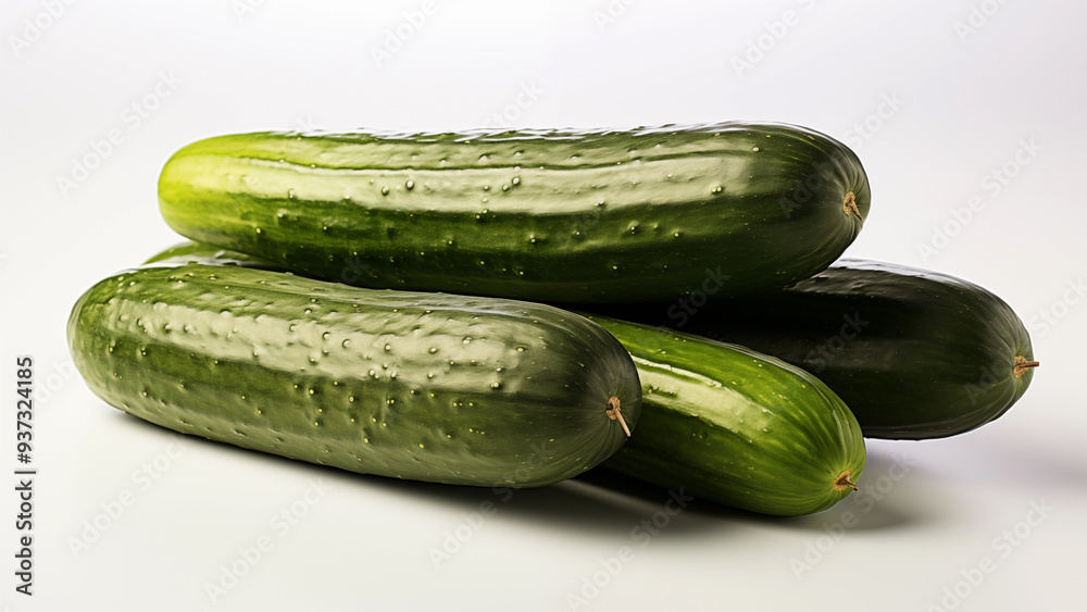 Fresh whole cucumbers stacked on white background, green vegetable close-up Fresh whole cucumbers stacked on white background, green vegetable close-up