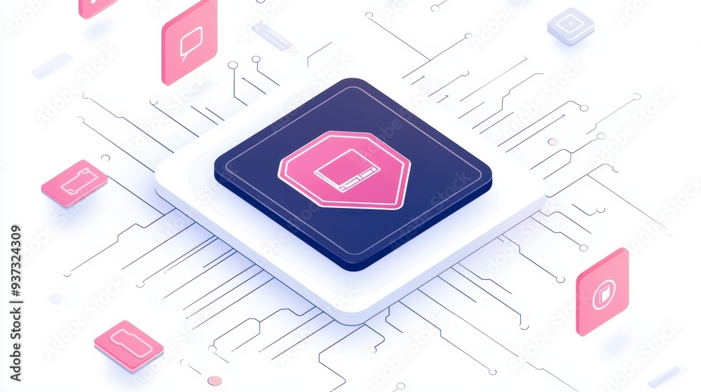 D Isometric Circuit Board with Smartphone Icon D Isometric Circuit Board with Smartphone Icon