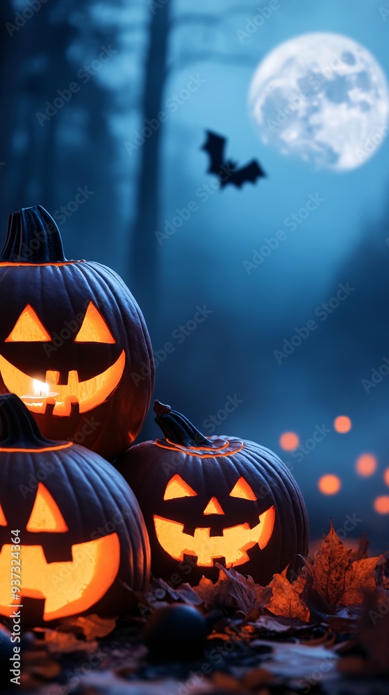 Naklejka premium Three Glowing Jack-O-Lanterns in a Spooky Forest with Full Moon and Bats