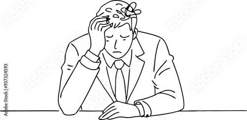 stressed and overworked businessman line art illustration black and white