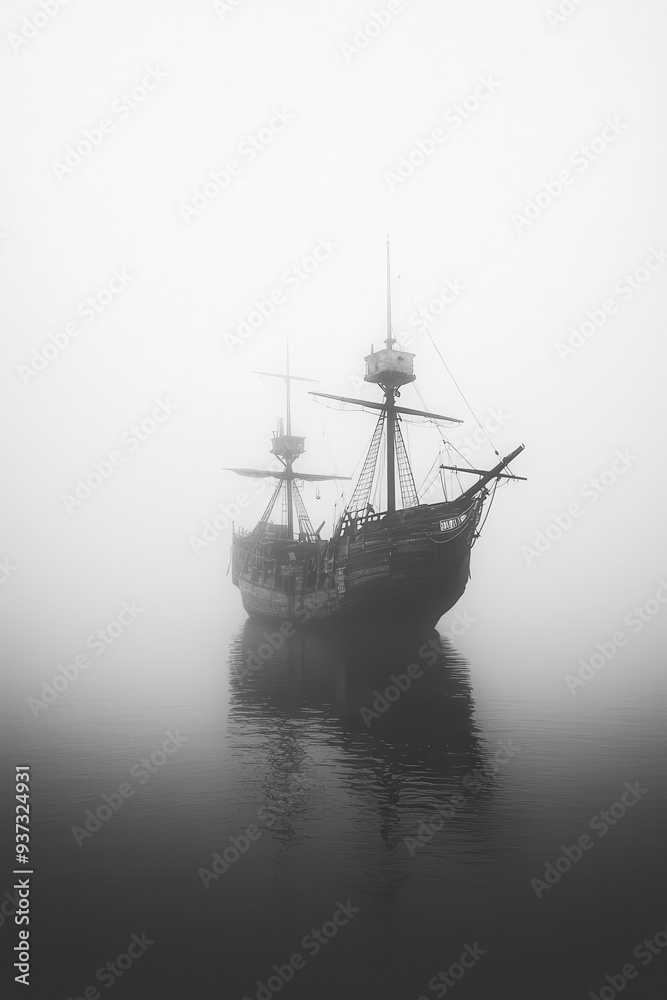 Old Ship in Foggy Sea Black and White Nautical Photography Old Ship in Foggy Sea Black and White Nautical Photography